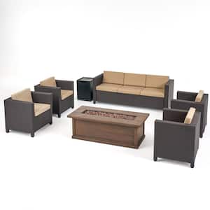 Gastman Dark Brown 7-Piece Faux Rattan Patio Firepit Seating Set with Beige Cushions