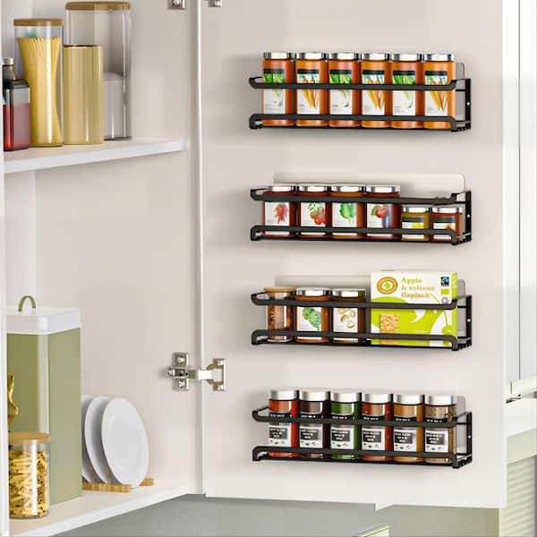11.41 in. x 2.75 in. x 2.75 in. Wall Mounted Metal Spice Rack for Kitchen Cabinet Pantry Door, Black (4-Pack)