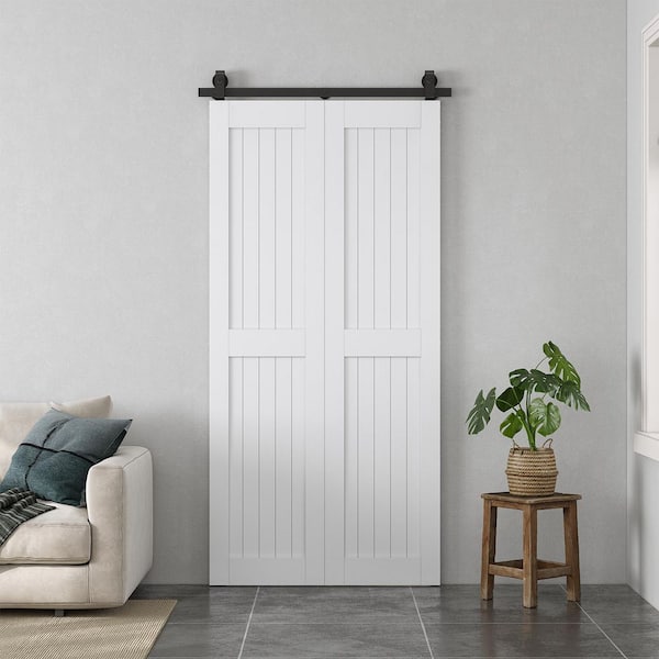 40 in. x 84 in. Bi-Fold Paneled H Shape White Finished MDF Composite Sliding Barn Door with Hardware Kit