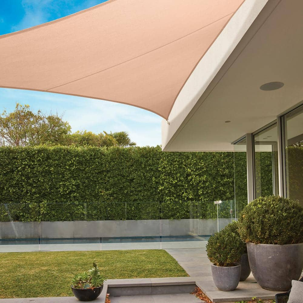 Coolaroo Premium Triangle 16.42 ft. x 16.42 ft. Beech Shade Sail Kit ...