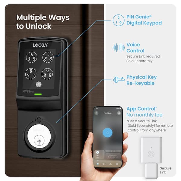 Model-S Matte Black Single-Cylinder Deadbolt Smart Lock with Hack-proof PIN Genie Keypad and Mobile App Control