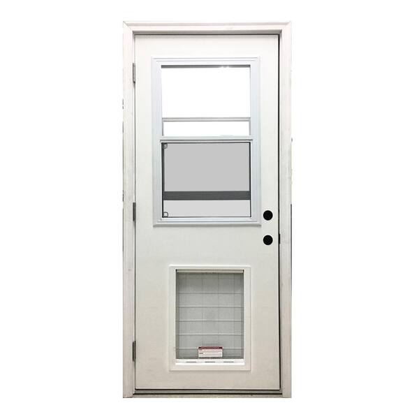 Steves & Sons 36 in. x 80 in. Reliant Series Clear Vented Half Lite RHOS White Primed Fiberglass Prehung Back Door with SL Pet Door