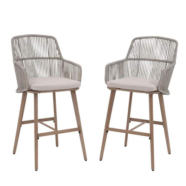 Metal Outdoor Bar Stool with Beige Cushion, Rattan Patio Bar Height Chairs, 2 of Chairs Included