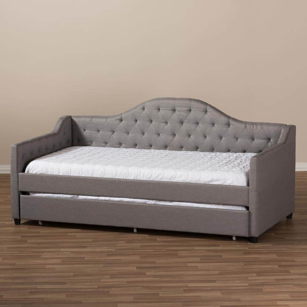 Light Gray Twin Upholstered Daybed with Tufted Headboard and Trundle