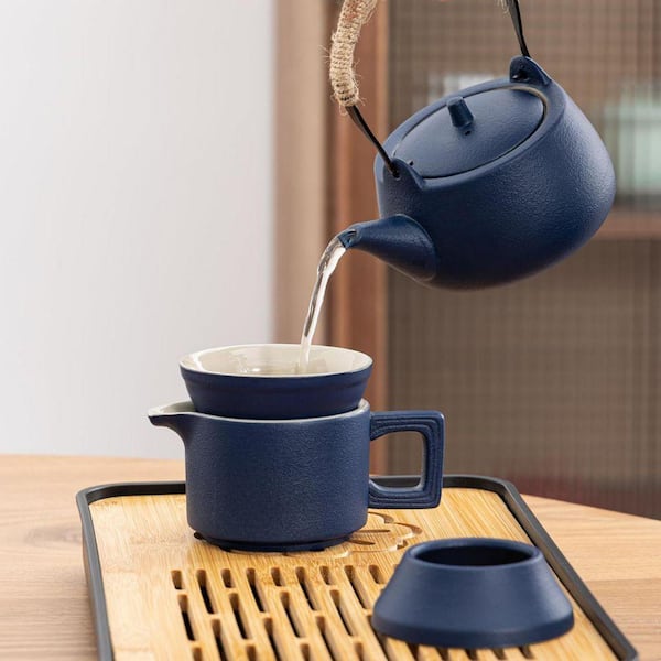 JFVKAF 14-Piece Ceramic Travel Tea Set with Bamboo Tray and