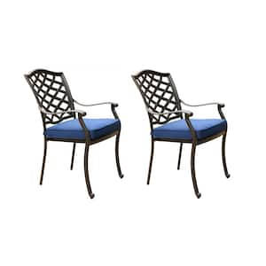 Stylish and Modern Design High-Quality Weather-Resistant Brown Aluminum Outdoor Dining Chair, Navy Blue Cushion (2-Pack)