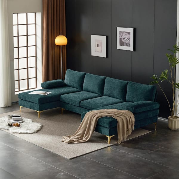 Golden Leg Collection 110 in. Pillow Top Arm 3-Piece Chenille Sectional Sofa in. Green