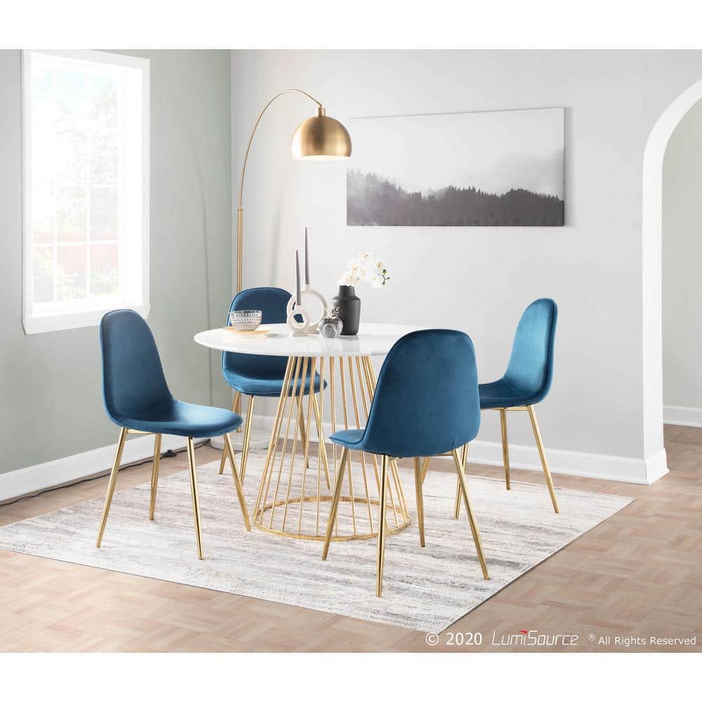 Blue Velvet and Gold Steel Upholstered Side Chair Set