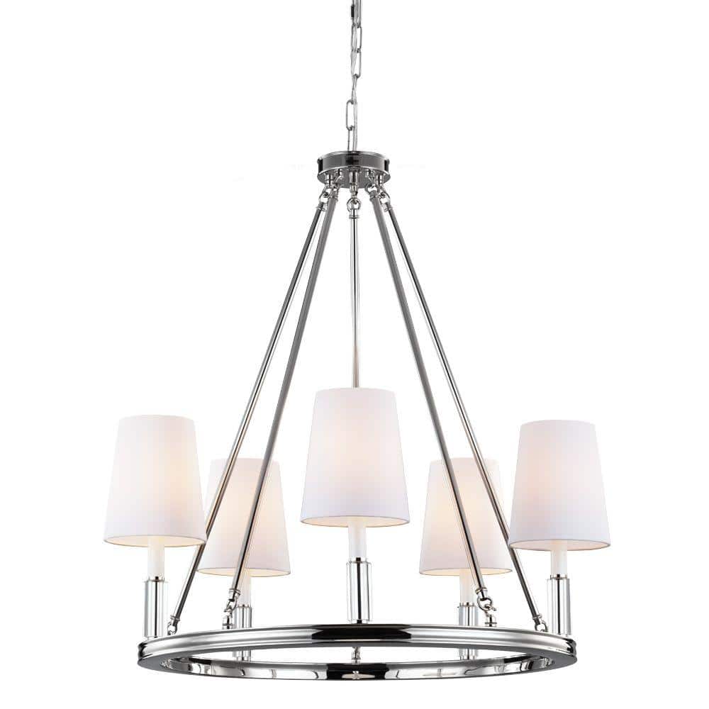 Polished Nickel 5-Light Chandelier with White Fabric Shades