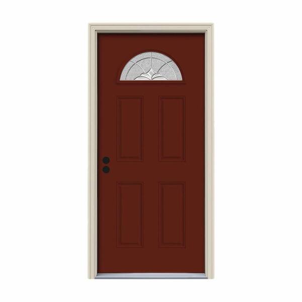 JELD-WEN 34 in. x 80 in. Fan Lite Langford Mesa Red Painted Steel Prehung Right-Hand Inswing Front Door w/Brickmould