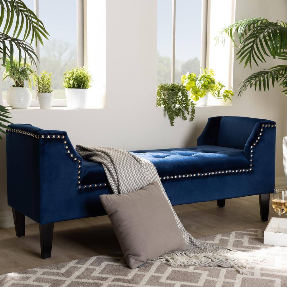 Royal Blue Velvet Upholstered Espresso Wood Bench with Nailhead Trim