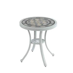Round White Cast Aluminum Outdoor Bistro Table with Ceramic Tiles Tabletop