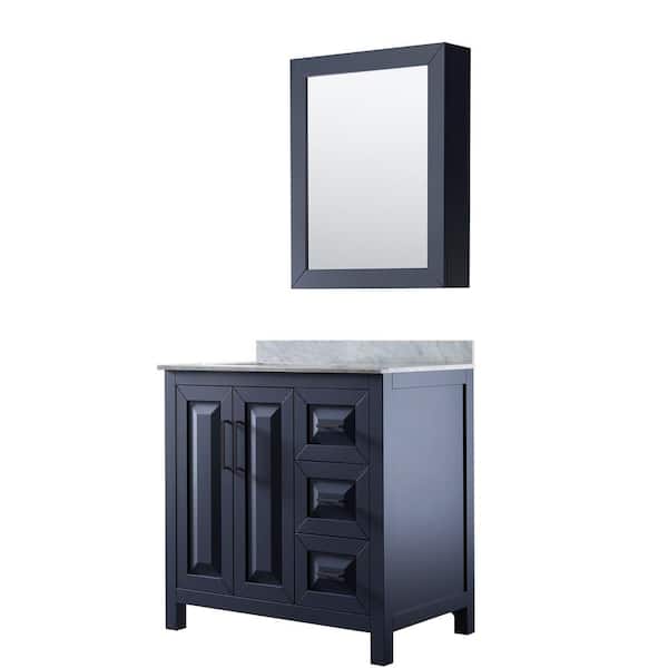 Wyndham Collection Daria 36 in. W x 22 in. D x 35.75 in. H Single Bath Vanity in Dark Blue with White Carrara Marble Top and Mirror