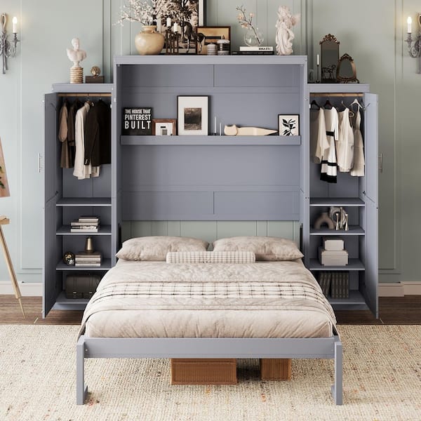 Gray Wood Frame Queen Size Murphy Bed Wall Bed with Wardrobes, Storage Shelves