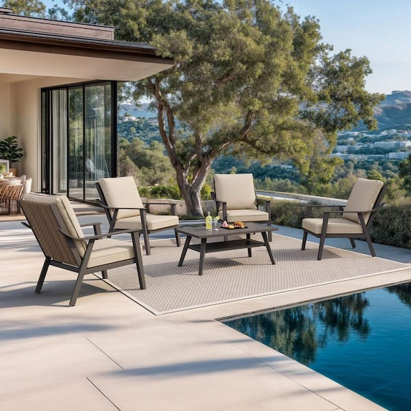 5 PcsPatio Furniture Set with Thick Cushion Metal Patio Conversation Sets with 4 Armchairs & Coffee Table