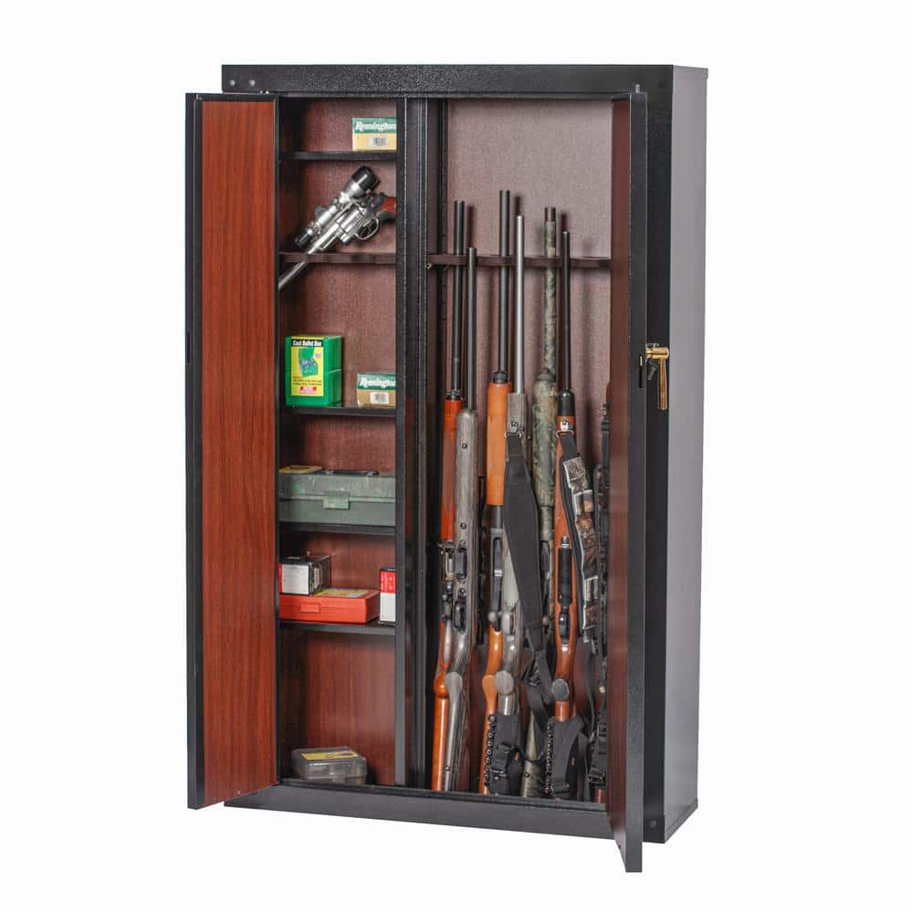 Classic 16-Gun Black and Woodgrain Metal Safe with Key Lock