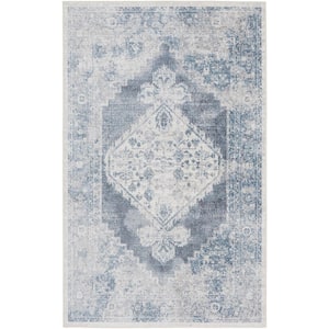 Astra Machine Washable Blue/Ivory 4 ft. x 6 ft. Vintage Persian Area Rug