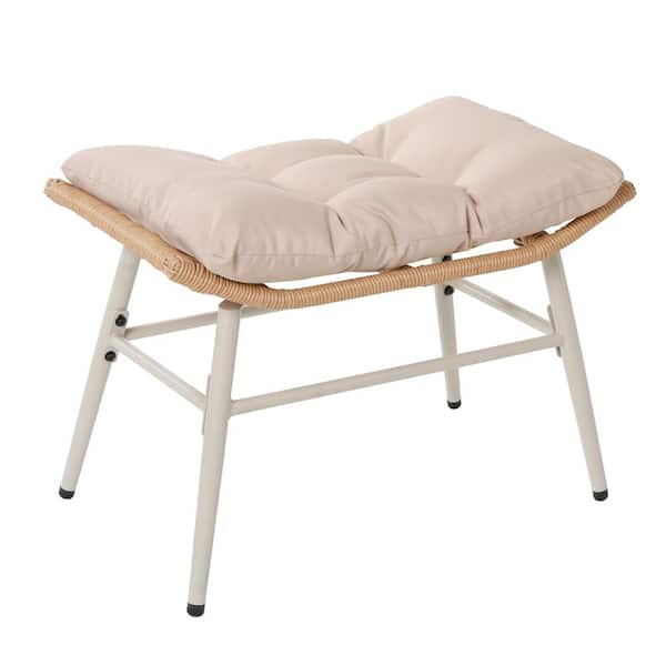 PATIOGUARDER Beige Wicker Outdoor Curved Ottoman with Beige Cushion