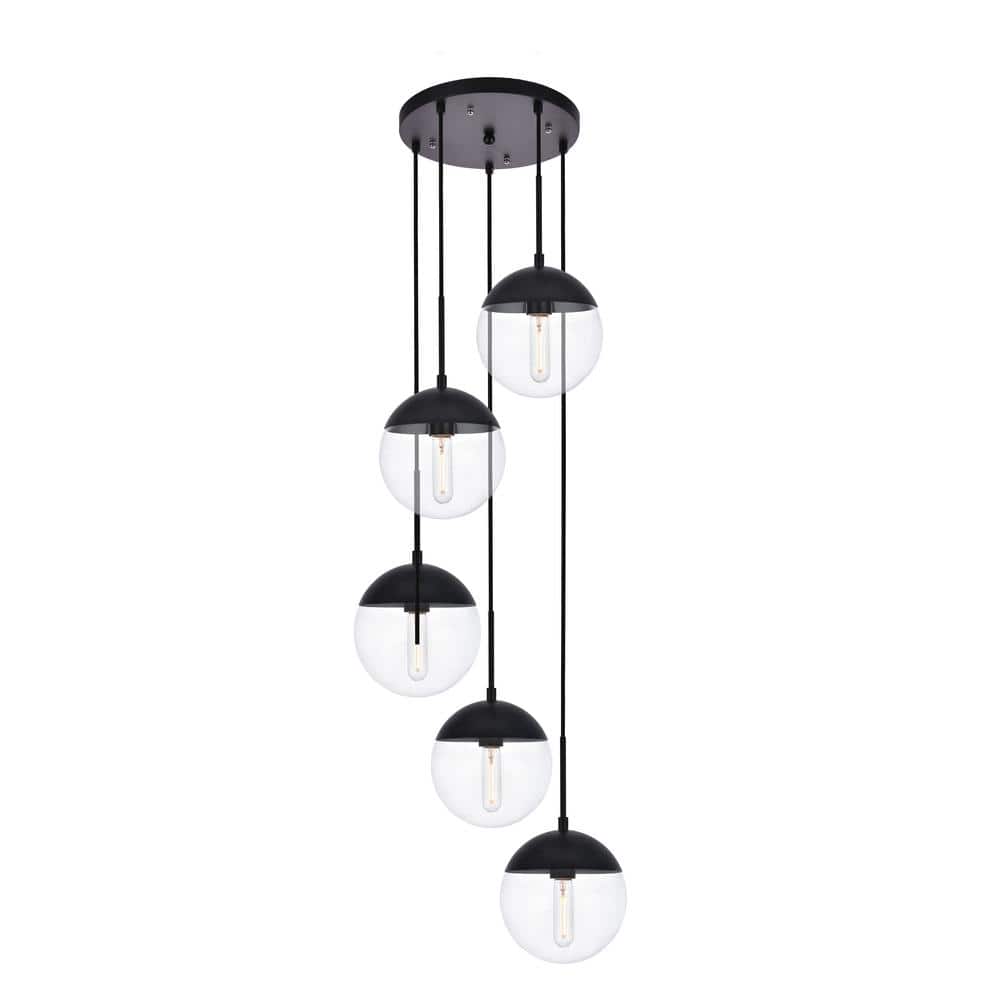 Timeless Home Ellie 5-Light Black Pendant with 8 in. W x 7.5 in. H Clear Gl