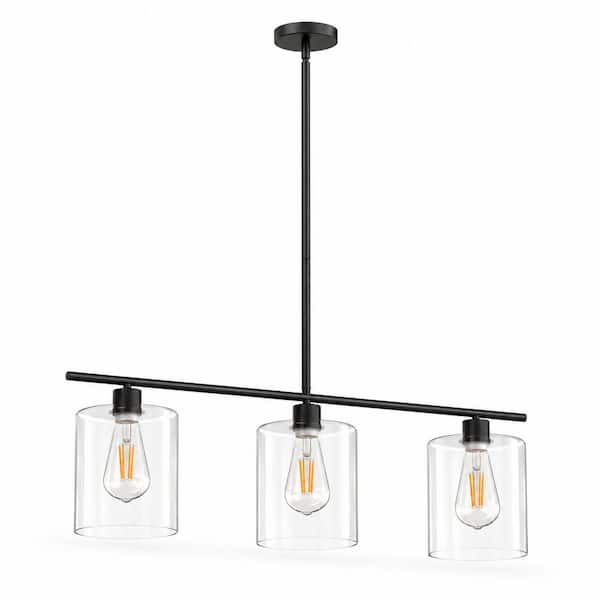 3-Light Matte Black Modern Kitchen Island Light fixtures,Linear Chandelier Pendant Hanging Light with Clear Glass Shade