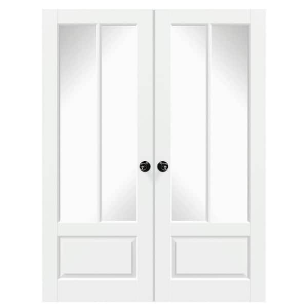 60 in. x 80 in. Composite, MDF, 2 Lite, Mirrored Glass, Primed, White Interior Door Slab With Black Goal Doorknob