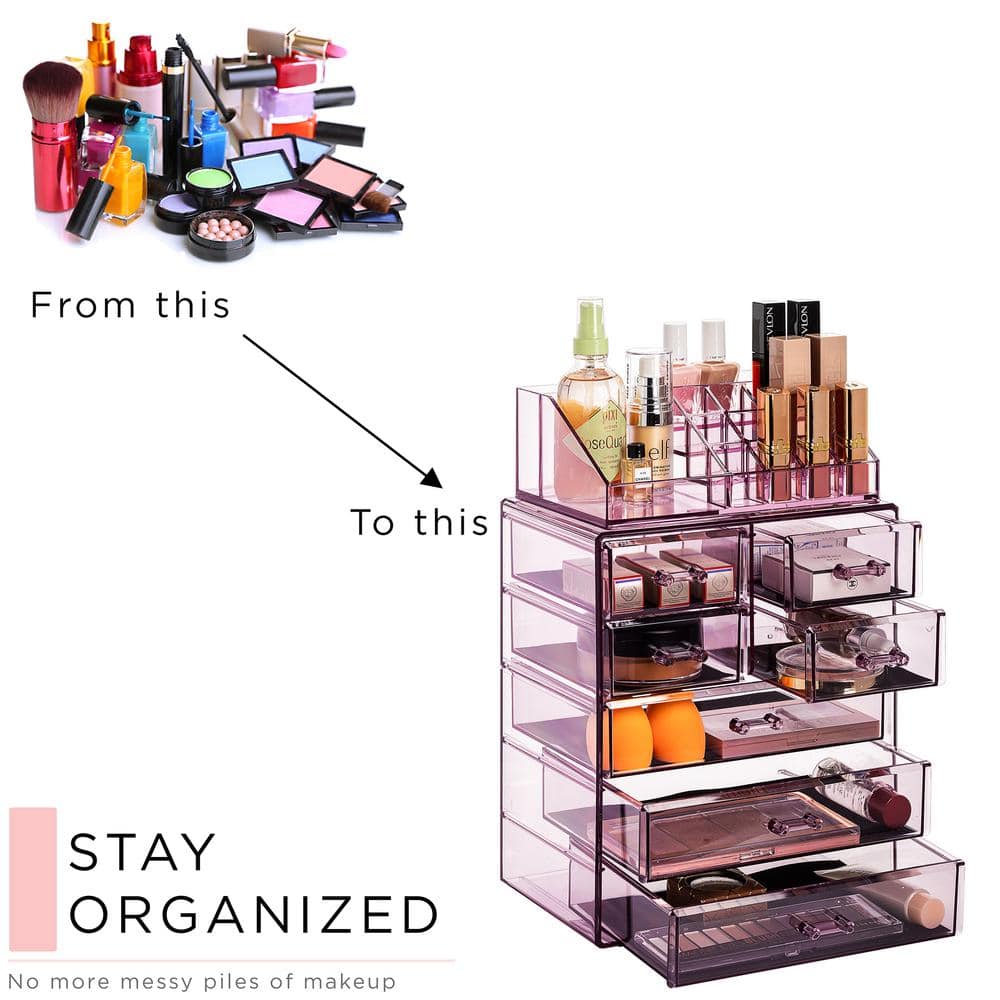 Purple Clear Acrylic Makeup Organizer with Drawers and Top Shelf
