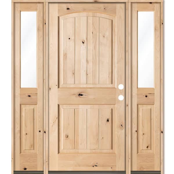 60 in. x 80 in. Knotty Alder Arch Top Left-Hand/Inswing Clear Glass Unfinished Wood Prehung Front Door w/ DHSL
