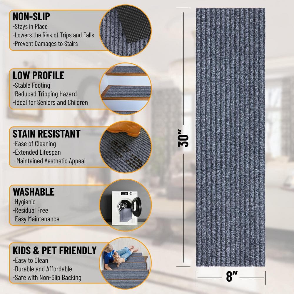 Gray Non-Slip Rubberback Ribbed Stair Treads Set of 7