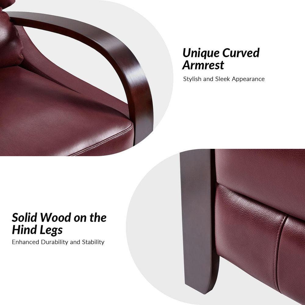 Close-up of the curved wooden armrest and leather upholstery.