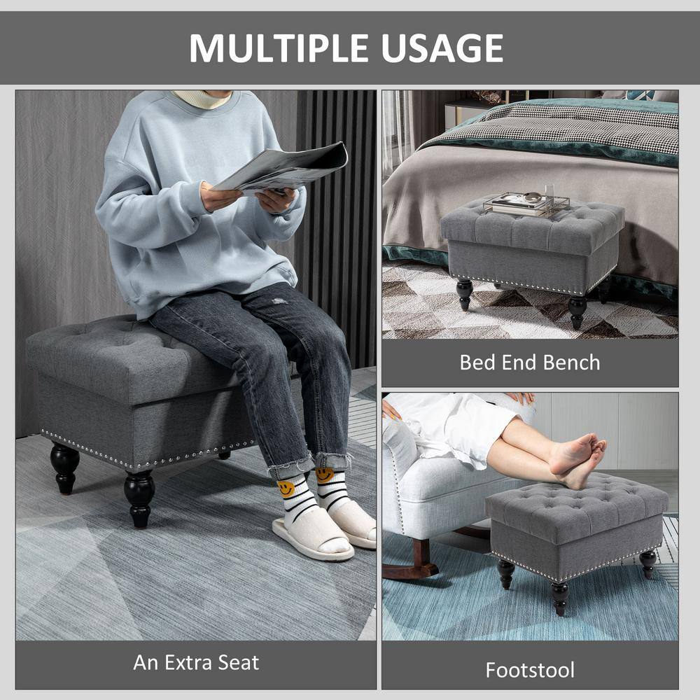 Elegant Gray 67cm Tufted Fabric Ottoman with Wood Legs and Storage
