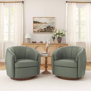 Gray Green Genuine Leather Swivel Barrel Chair with Solid Wood Base Accent Chairs Set of 2