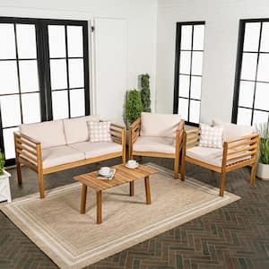 Thom 4-Piece Mid-Century Acacia Wood Outdoor Patio Set and Plaid Decorative Pillows, Beige/Teak Brown Cushions