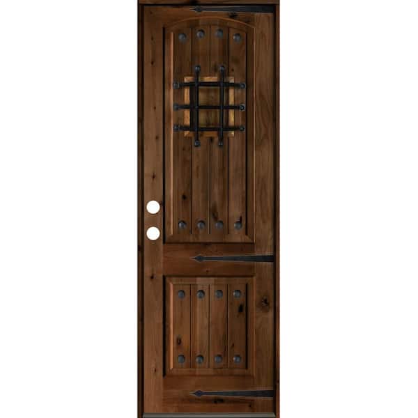 Krosswood Doors 32 in. x 96 in. Rustic Knotty Alder Arch Top Provincial Stain Right-Hand Inswing Wood Single Prehung Front Door