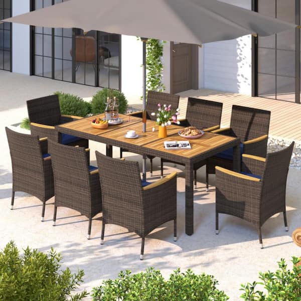 9-Piece Wicker Rectangle Outdoor Dining Set with Navy Cushions and Acacia Wood Table Top