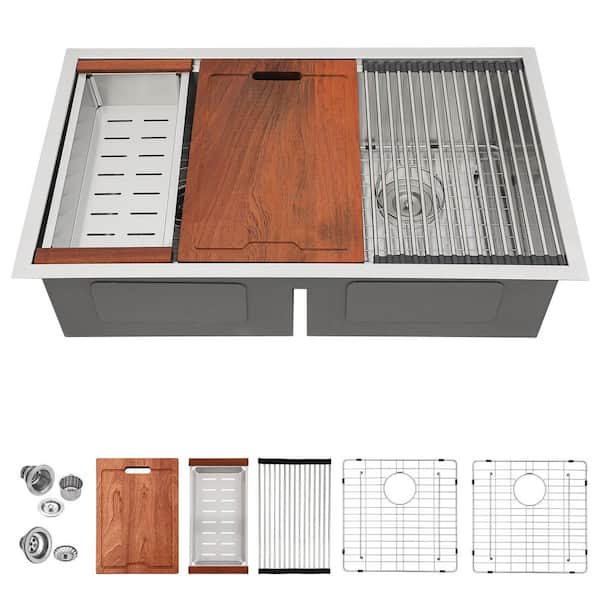 30 in. Undermount 50/50 Double Bowl Low Divide 16-Gauge Statinless Steel Workstation Kitchen Sink with Accessories