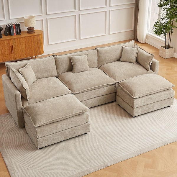 112.2 in. Square Arm U-Shaped Chenille Deluxe Pillow-Styled Modular Sectional Sofa in. Coffee with 2 Ottoman