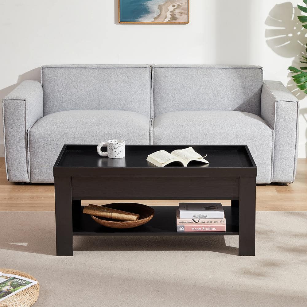 Black Metal and Wood Lift-Top Rectangular Coffee Table