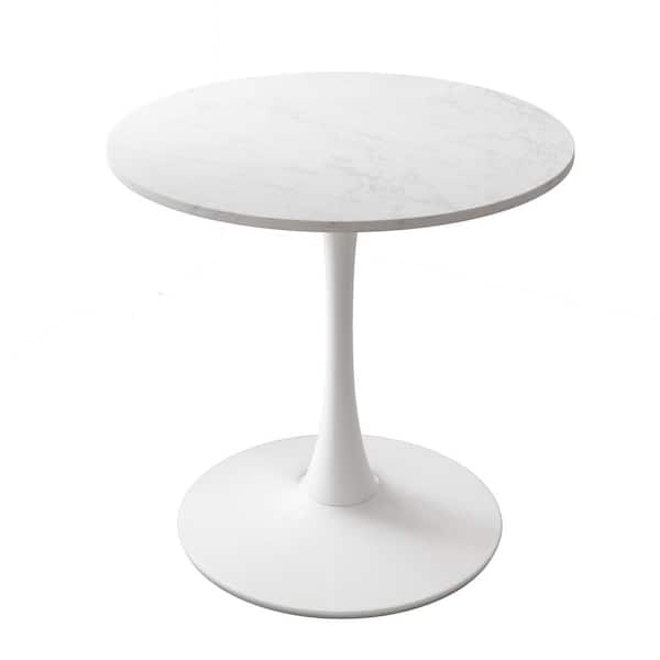 Sudzendf 31.5 in. W Modern Round Outdoor Coffee Table with Printed White Marble Table Top and Metal Legs Base
