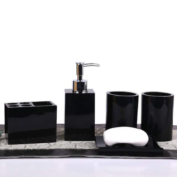 Marble Style, Dark Wood Rectangular Bathroom Accessories Set with Pump  Dispenser, Tumbler, Toothbrush Holder, Soap Dish