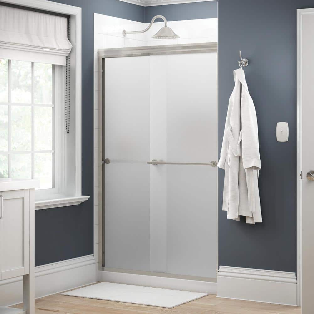 Traditional 47-3/8 in. W x 70 in. H Semi-Frameless Sliding Shower Door in Nickel with 1/4 in. Tempered Frosted Glass -  Delta, 169987
