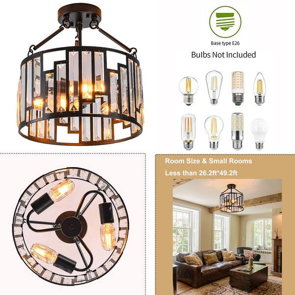 OUKANING 12.79 in. 3-Light Black Modern Indoor Crystal Decor Round 