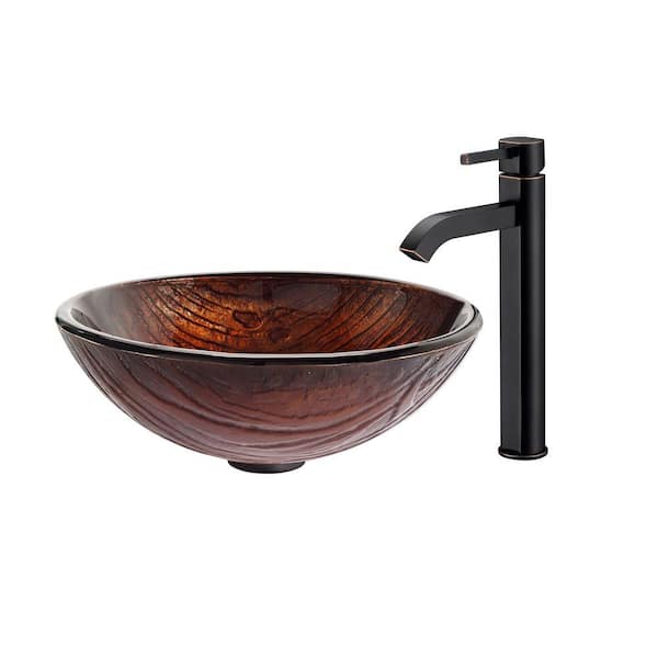 KRAUS Titania Glass Vessel Sink in Brown with Ramus Faucet in Oil Rubbed Bronze