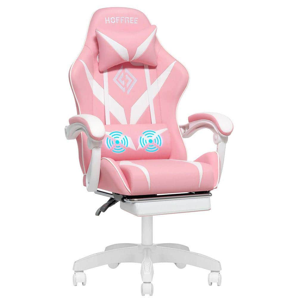 Faux Leather Massage Reclining Ergonomic Gaming Chair in Pink with Footrest