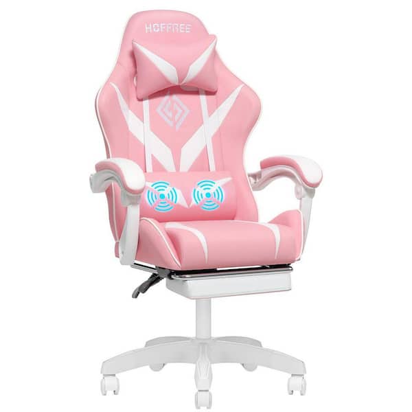 Faux Leather Massage Reclining Ergonomic Gaming Chair in Pink with Footrest