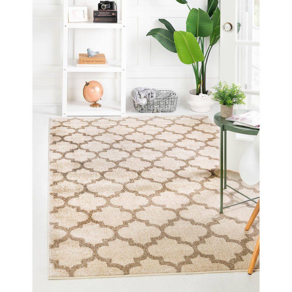 Beige and Light Brown Trellis Synthetic Area Rug