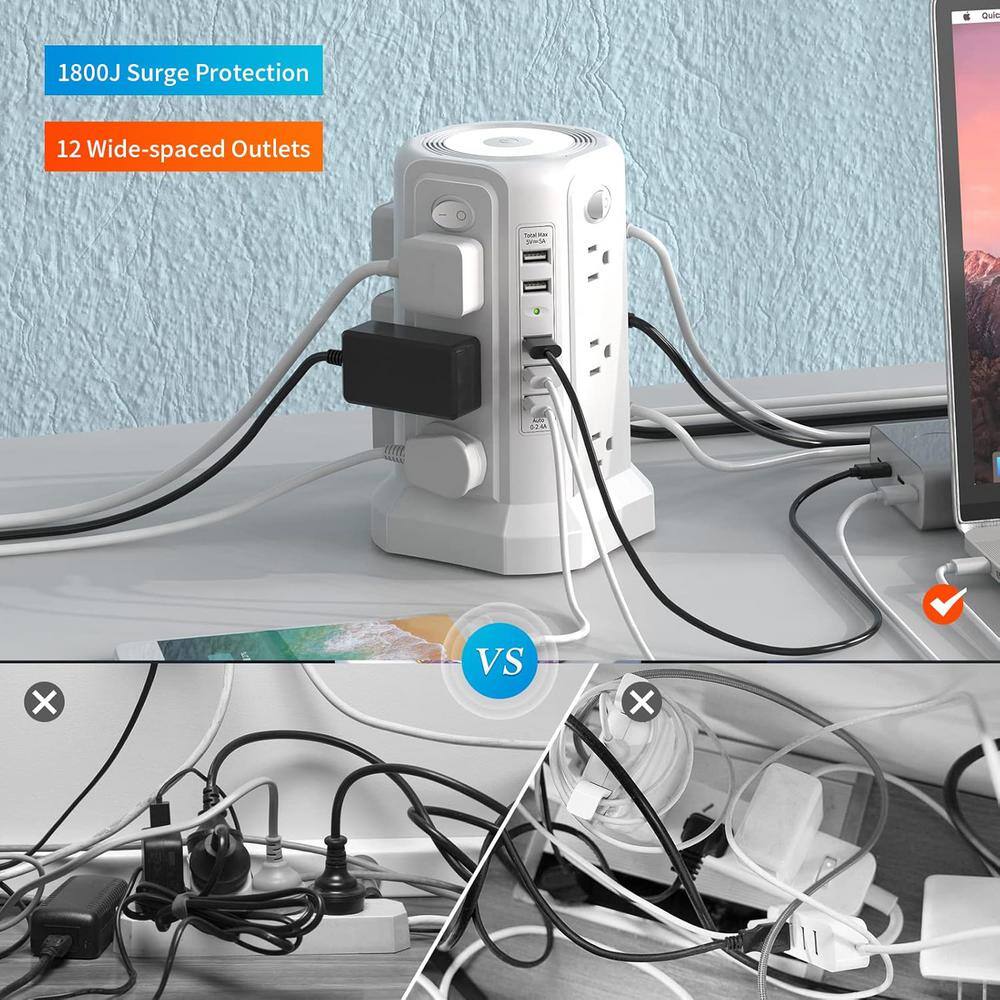 White Heavy Duty 12-Outlet Power Strip Tower with USB Ports