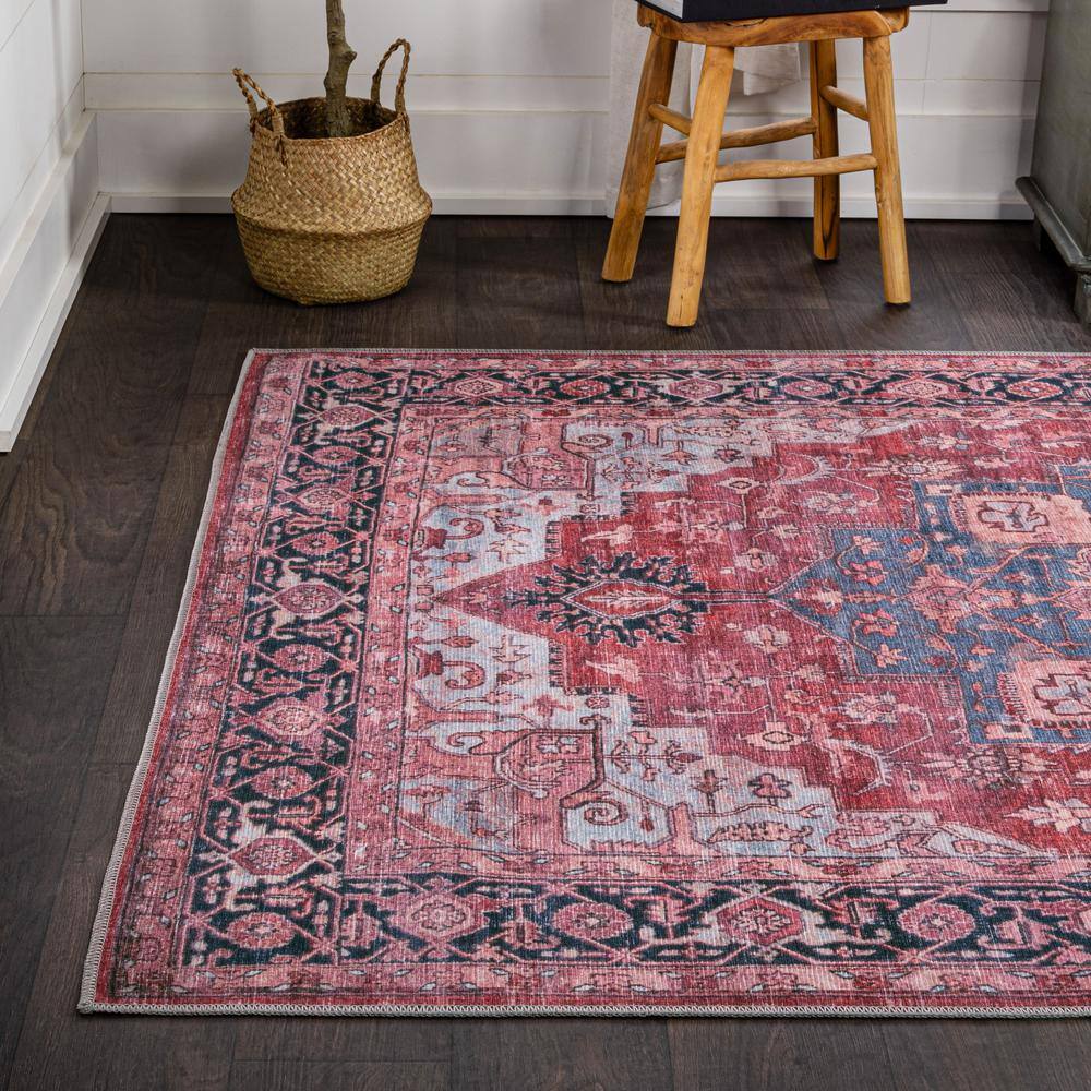 Maris Ornate Medallion Machine-Washable Red/Black/Blue Chenille 4' x 6' Area Rug