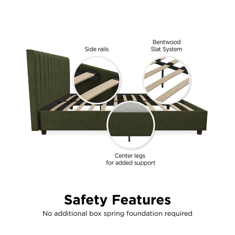 Green Linen Upholstered Queen Platform Bed with Oak Legs