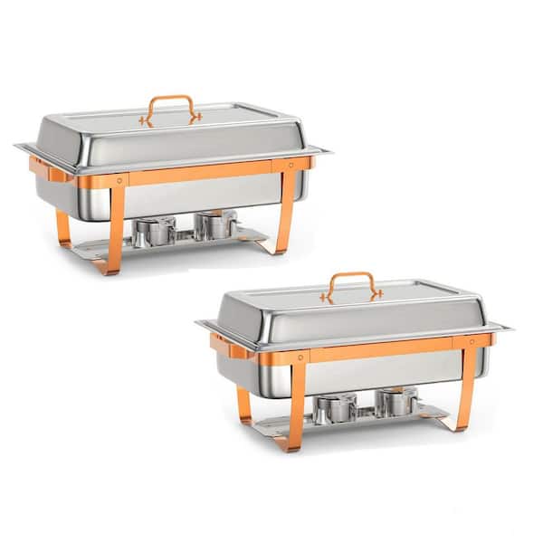 2 Pack 8 Qt. Stainless Steel Rectangular Chafing Dish Buffet Set with Full-Size Pan & Rose Gold Stand