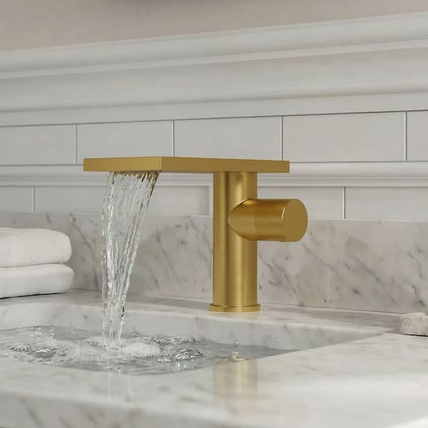 6 in. H Waterfall 1-Handle Single Hole Bathroom Sink Faucet with Towel Rack and Pop-Up Drain 1.2 GPM in Brushed Gold